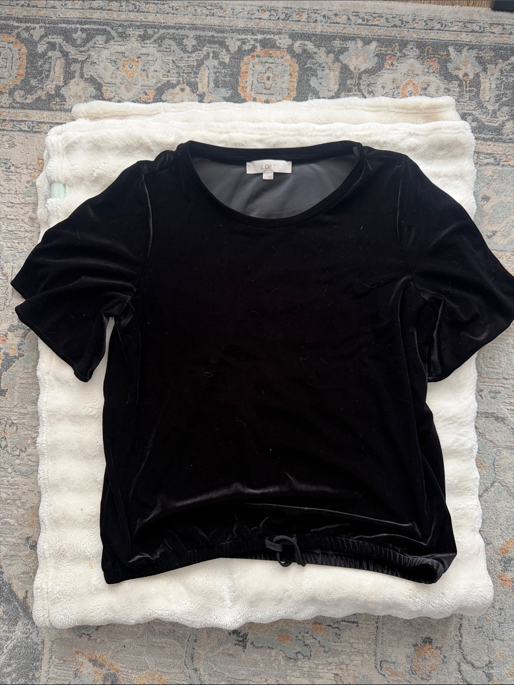 LOFT Black Velvet Short Sleeve Drawstring Hem Top